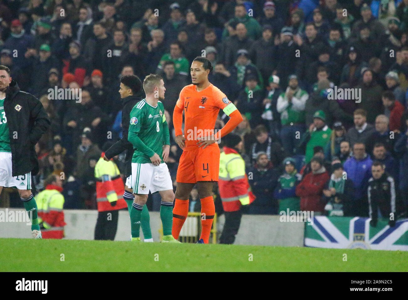 Stadio Nazionale al Windsor Park di Belfast, Irlanda del Nord. 16 Nov 2019. UEFA EURO 2020 il qualificatore- gruppo C, Irlanda del Nord / Paesi Bassi (arancione). Azione da questa sera il qualificatore a Belfast. Steven Davis e Virgilio van Dijk. Credito: David Hunter/Alamy Live News. Foto Stock