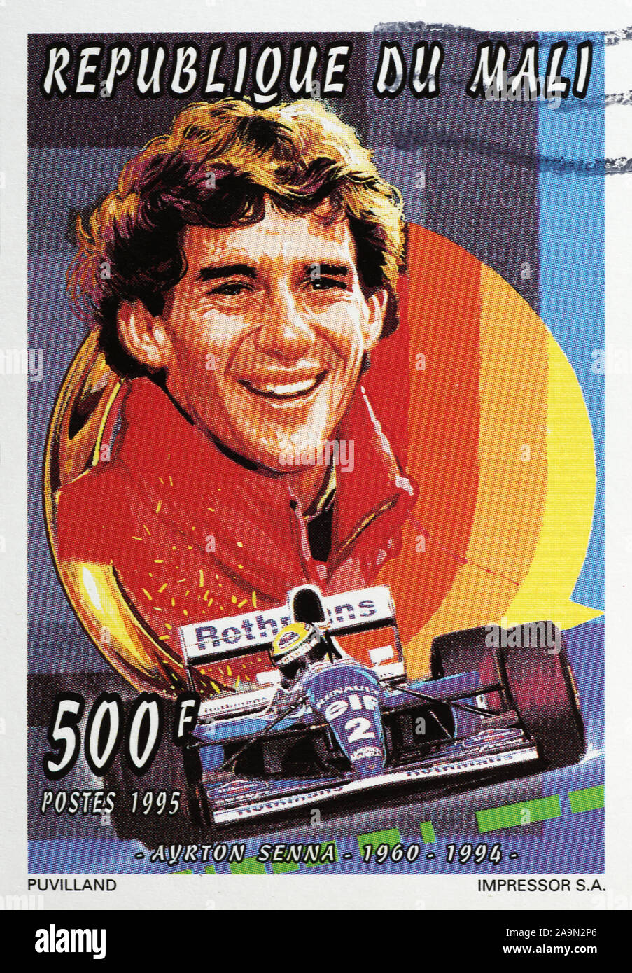 Il brasiliano racing driver Ayrton Senna sul francobollo Foto Stock