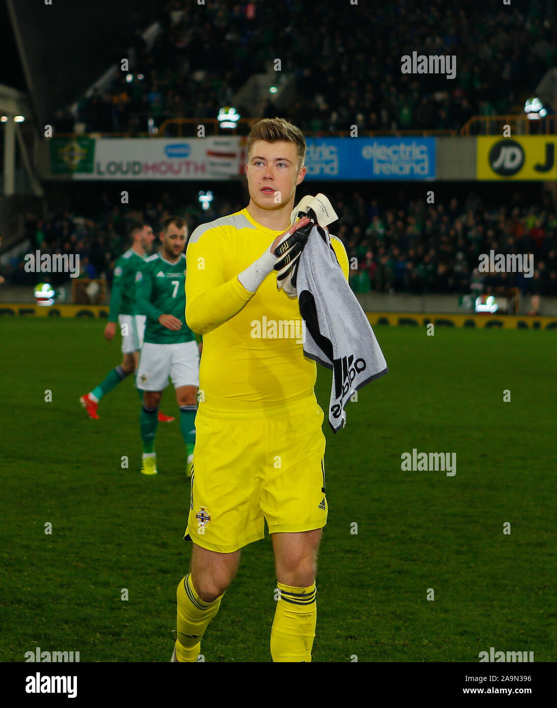 Il 16 novembre 2019; Windsor Park, Belfast, Contea di Antrim, Irlanda del Nord; Campionati Europei 2020, qualificatore Irlanda del Nord rispetto ai Paesi Bassi; Bailey Peacock-Farrell dell Irlanda del Nord lascia il passo dopo il tempo pieno fischio - uso editoriale Foto Stock