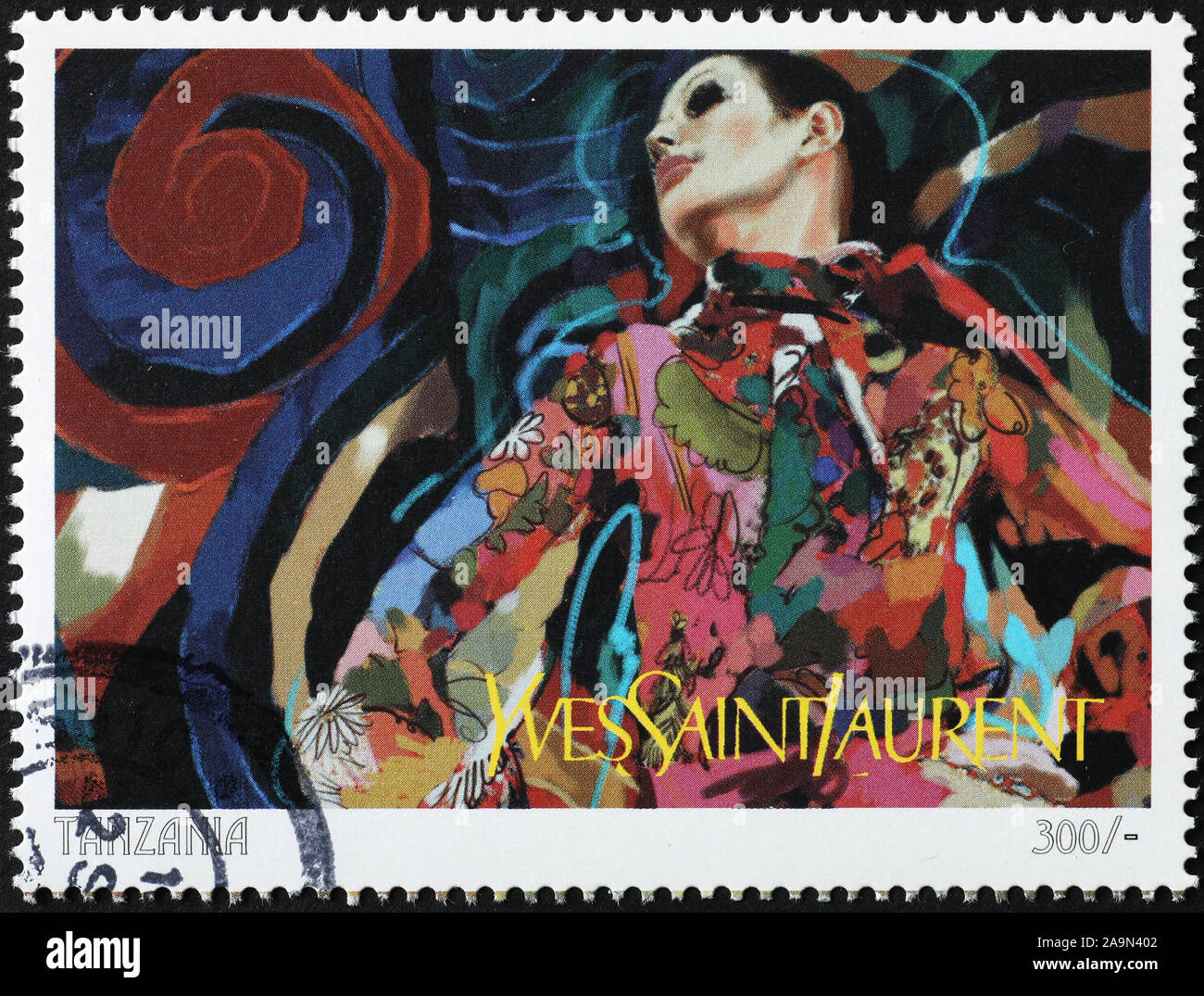 Vecchia pubblicità di stilista Yves Saint Laurent sul francobollo Foto Stock