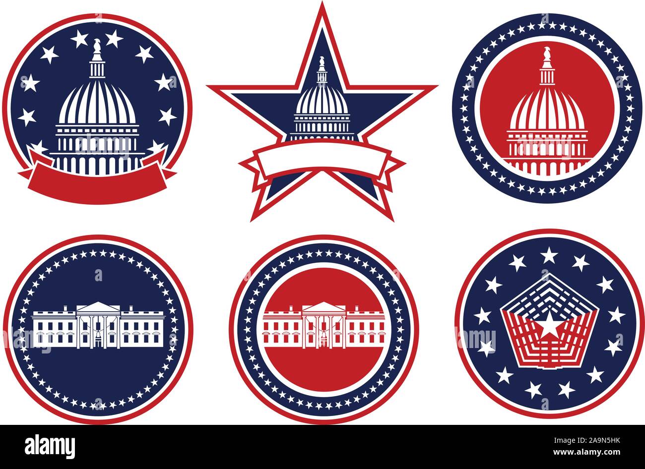 Patriottico americano rosso, bianco e blu, capitale, Casa Bianca e Pentagono loghi isolato illustrazione vettoriale Illustrazione Vettoriale