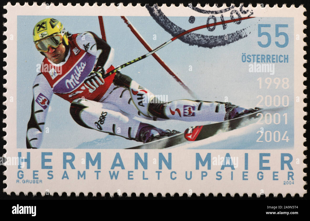 Il corridore di sci Hermann Maier su austrian francobollo Foto Stock