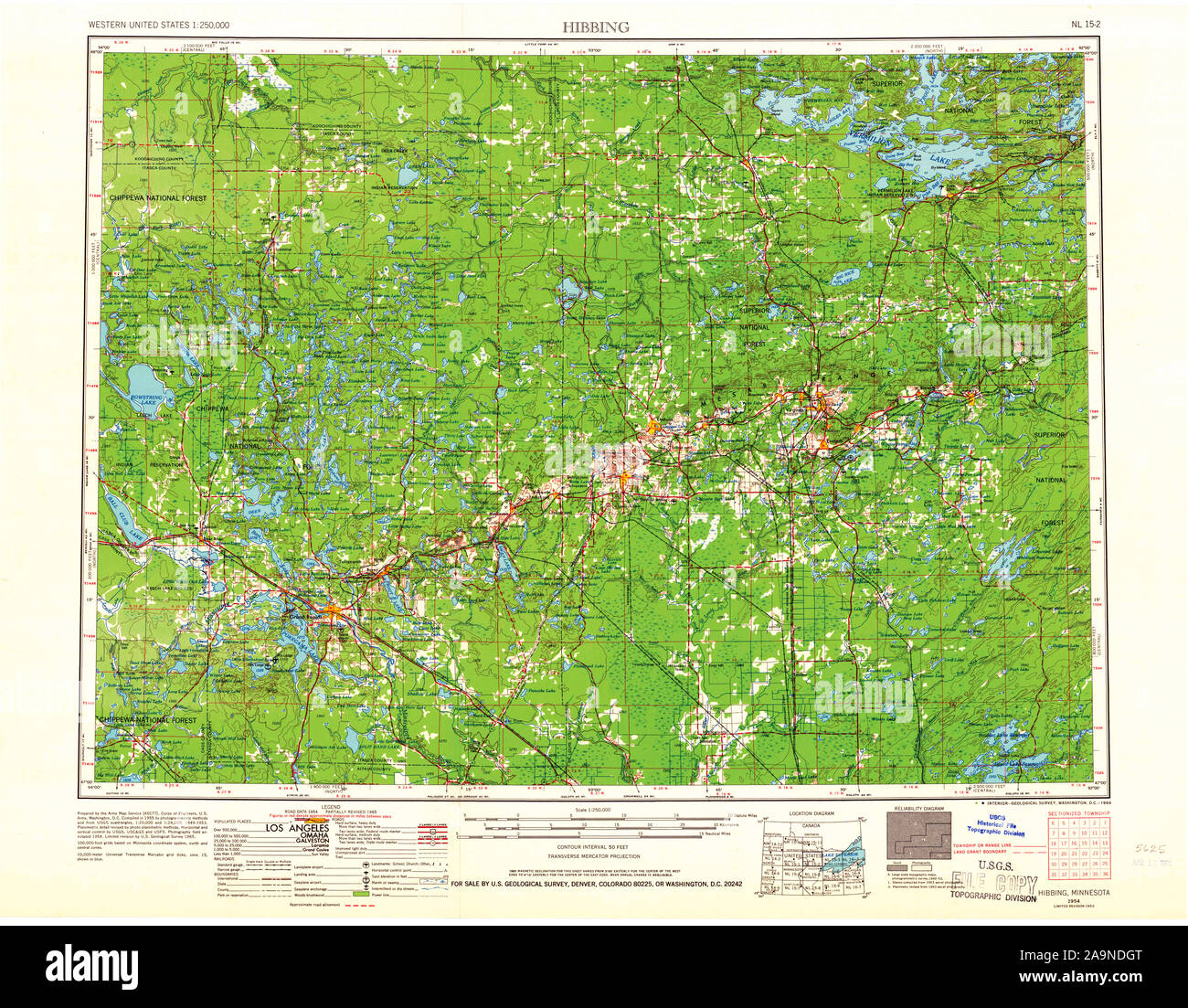 USGS TOPO Map MInnesota MN Hibbing 804694 1954 250000 Il restauro Foto Stock