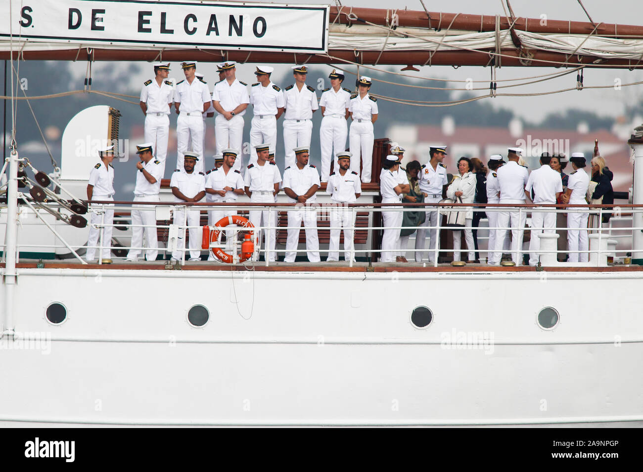 Marin,Spagna.aspiranti guardiamarina sulla marina spagnola nave scuola Juan Sebastian Elcano su luglio 14,2019 Foto Stock