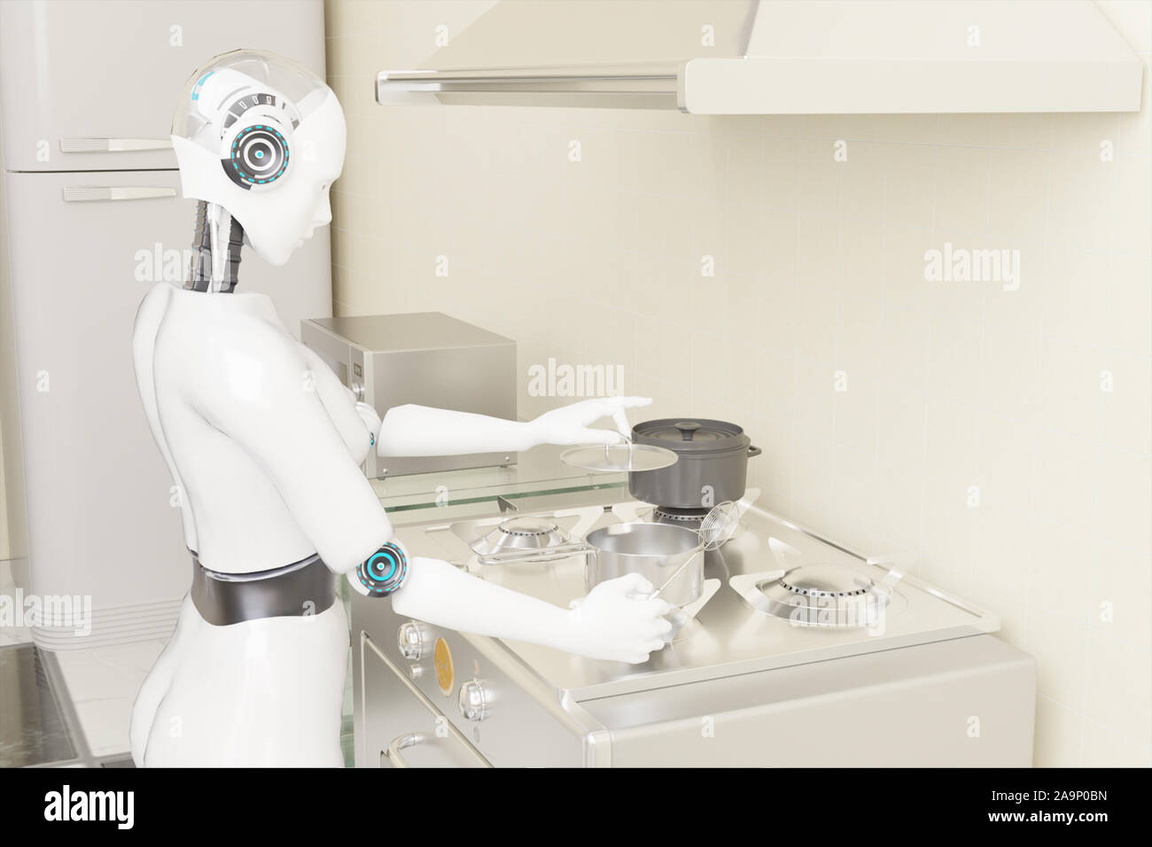 3D rendering ai robot di cottura di intelligenza artificiale per cucinare il cibo nel futuristico concetto Foto Stock