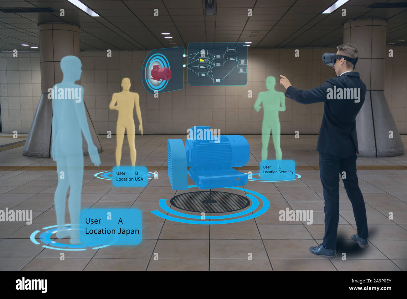 Engineering di incontro di persone da utilizzare augmented misti di realtà virtuale con digital gemelli, avanzate tecniche sismiche e di trasformazione e subsea e robot Foto Stock