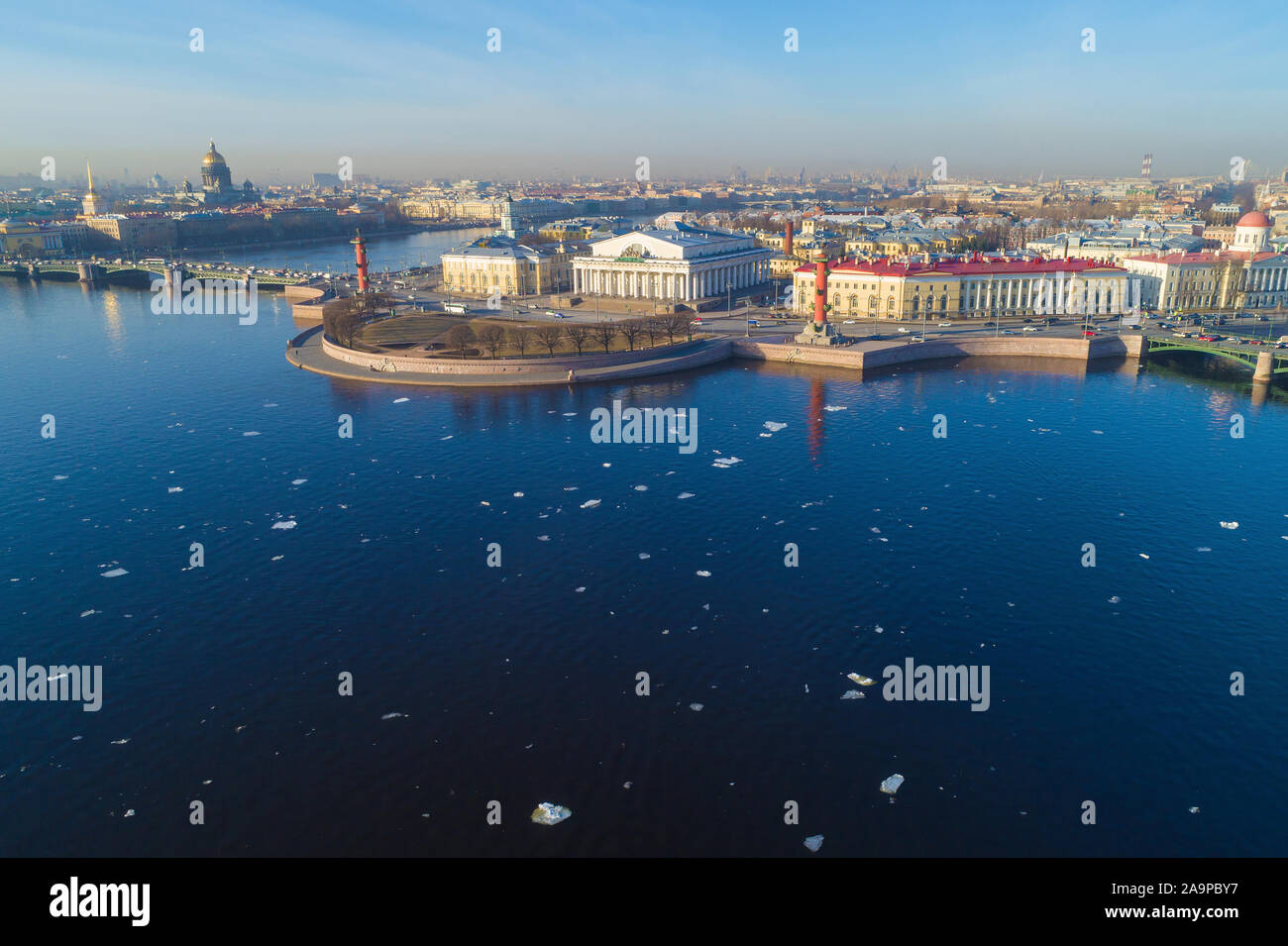 Vista lo spiedo dell'Isola Vasilievsky su un aprile mattina di sole (ripresa da un quadrocopter). San Pietroburgo, Russia Foto Stock
