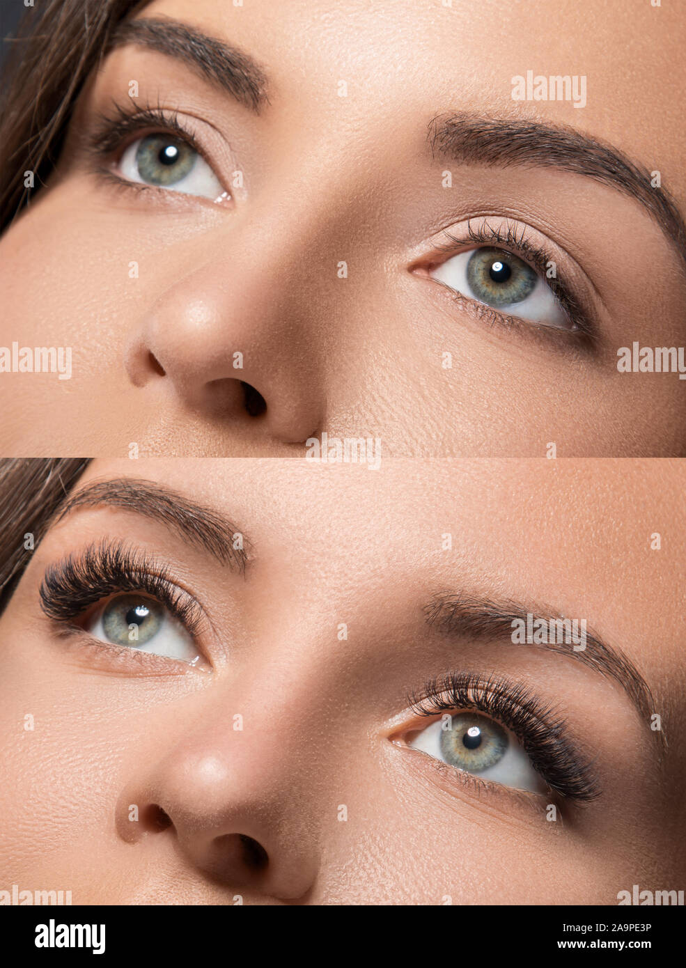 Confronto di occhi femmina prima e dopo extension delle ciglia Foto Stock