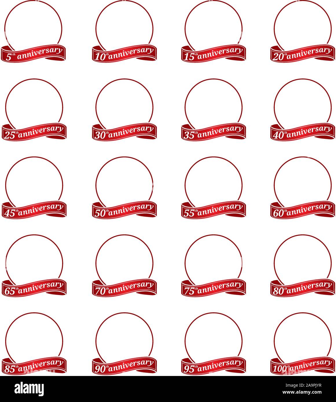 Il logo del modello 5th, 10esima, 15esima, 20th. 25esima, 30esima, 35esima, 40esima, 45esima, 50esima, 55esima, 60esima, 65esima,70th,75th,80th,85th,90th,95anniversario con un cerchio e Illustrazione Vettoriale