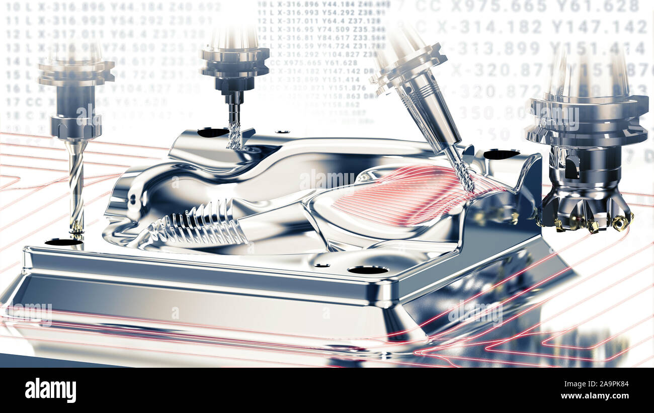La metallurgia industriale il processo di taglio mediante la fresa, rendering 3D Foto Stock