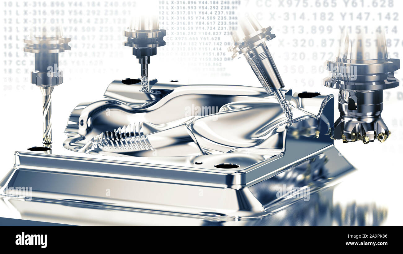 La metallurgia industriale il processo di taglio mediante la fresa, rendering 3D Foto Stock