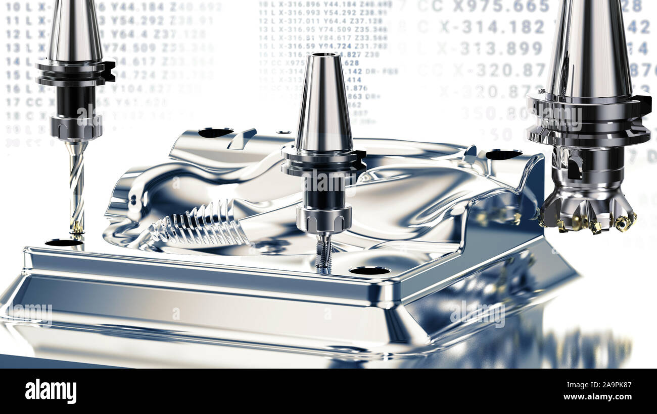 La metallurgia industriale il processo di taglio mediante la fresa, rendering 3D Foto Stock