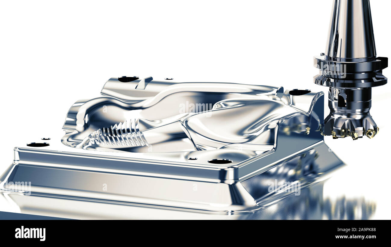 La metallurgia industriale il processo di taglio mediante la fresa, rendering 3D Foto Stock