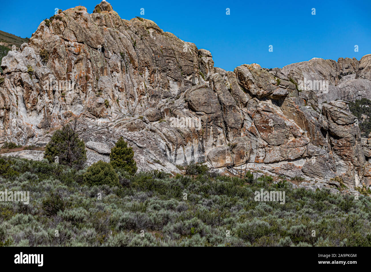 La città di rocce in Idaho ha segnato il giro di boa della California Trail e oggi offre arrampicata su roccia. Foto Stock