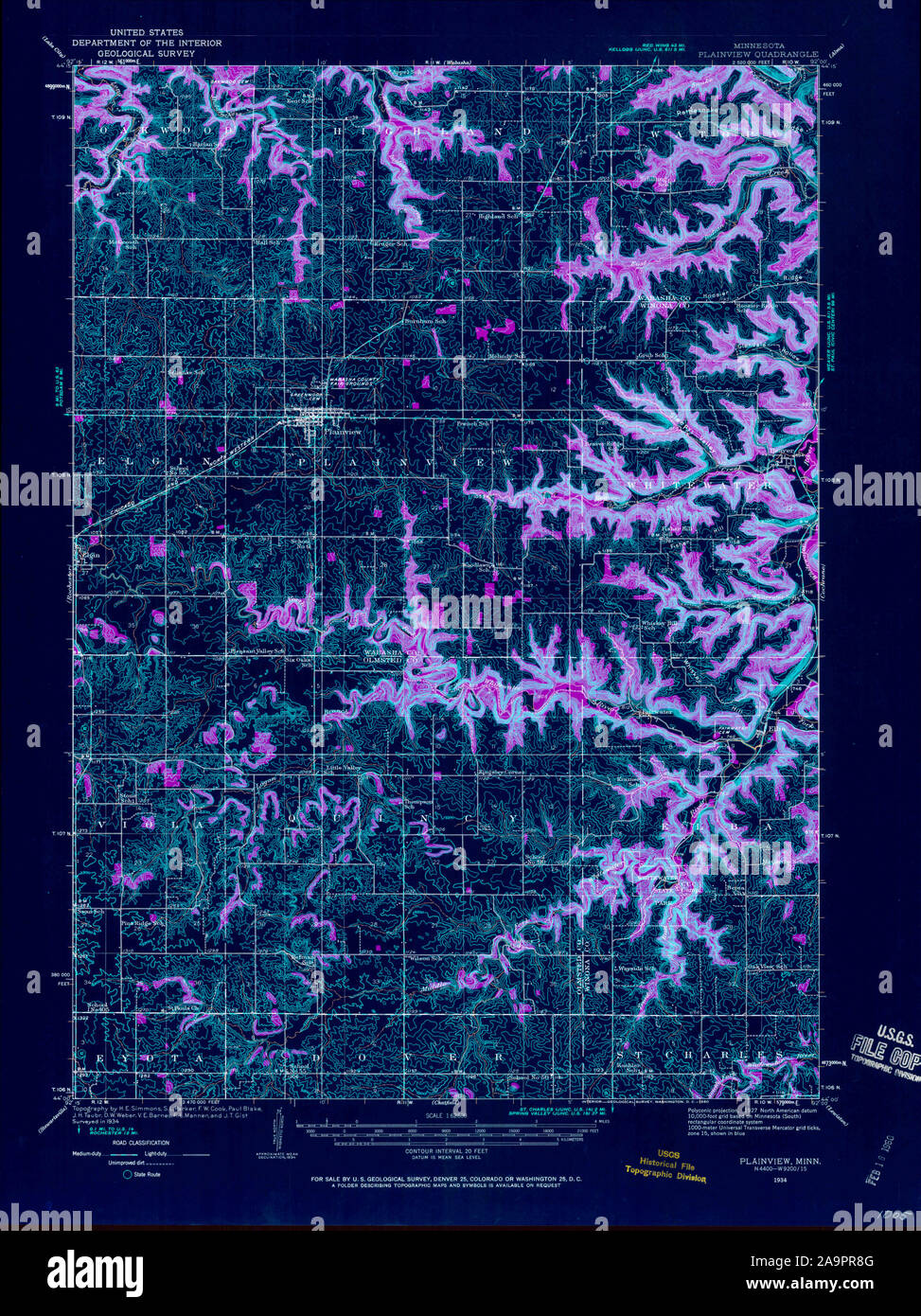 USGS TOPO Map MInnesota MN Plainview 805287 1934 62500 Restauro invertito Foto Stock