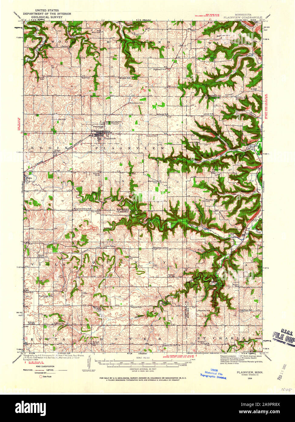 USGS TOPO Map MInnesota MN Plainview 805287 1934 62500 Restauro Foto Stock