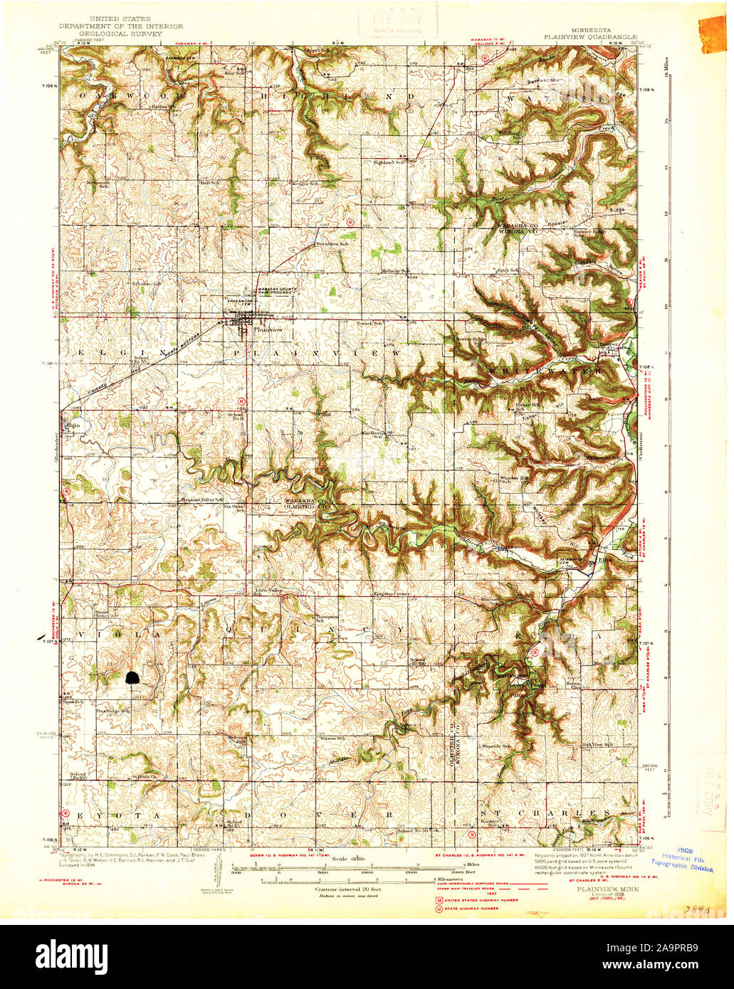 USGS TOPO Map MInnesota MN Plainview 805288 1938 62500 Restauro Foto Stock