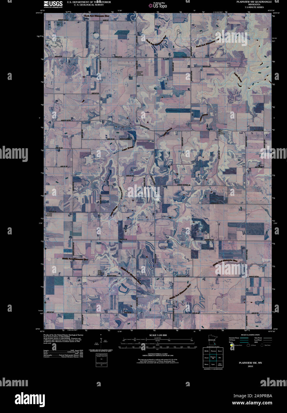 USGS TOPO Map MInnesota MN Plainview SW 20100806 TM restauro invertito Foto Stock