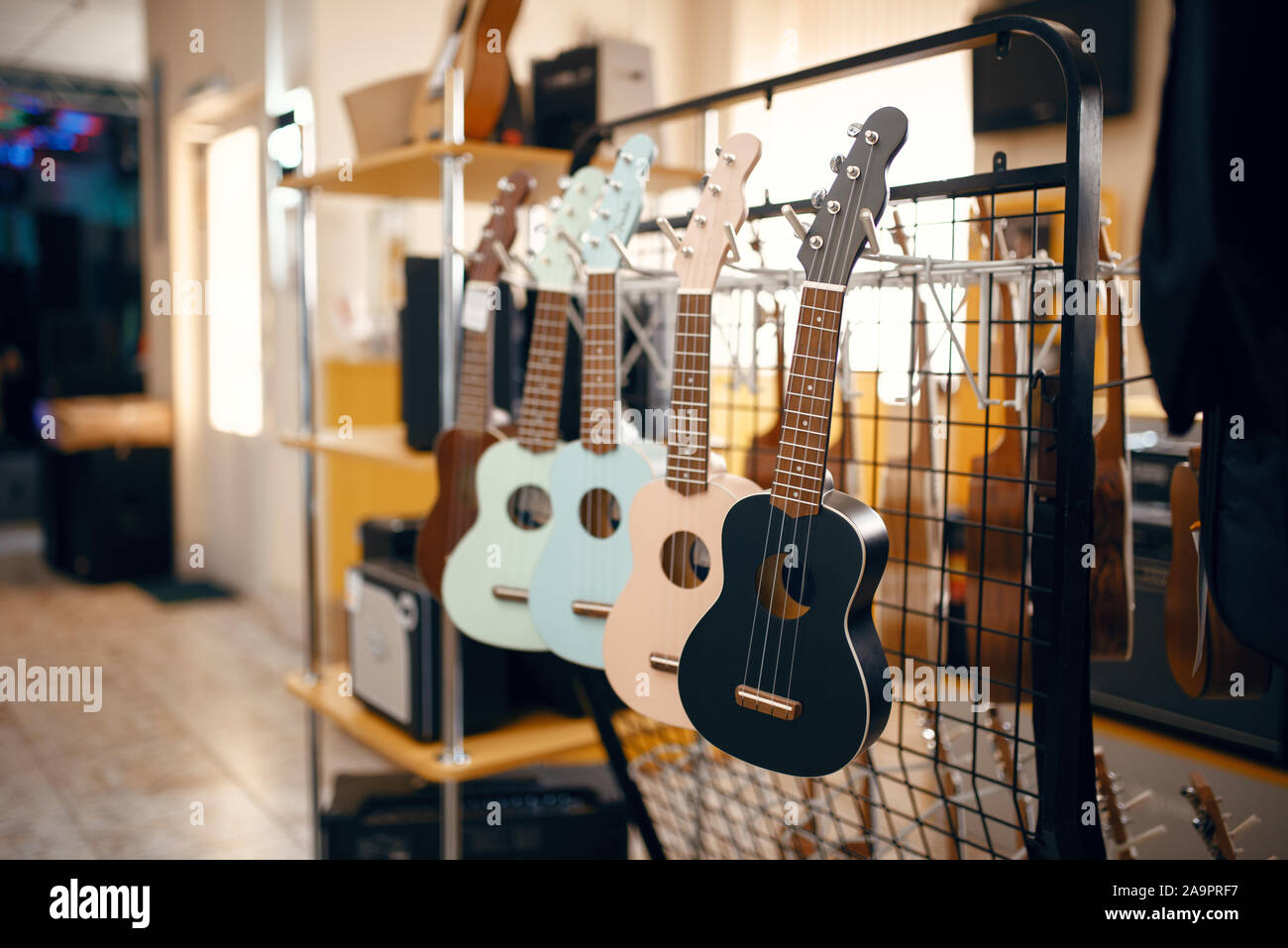 Ukulele chitarre in vetrina nel negozio di musica Foto Stock
