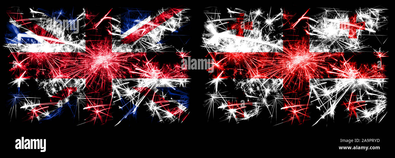 Gran Bretagna, Regno Unito vs Georgia, Georgiano di Capodanno Viaggi fuochi d'artificio spumanti concetto flag di sfondo. Combinazione di due abstra Foto Stock