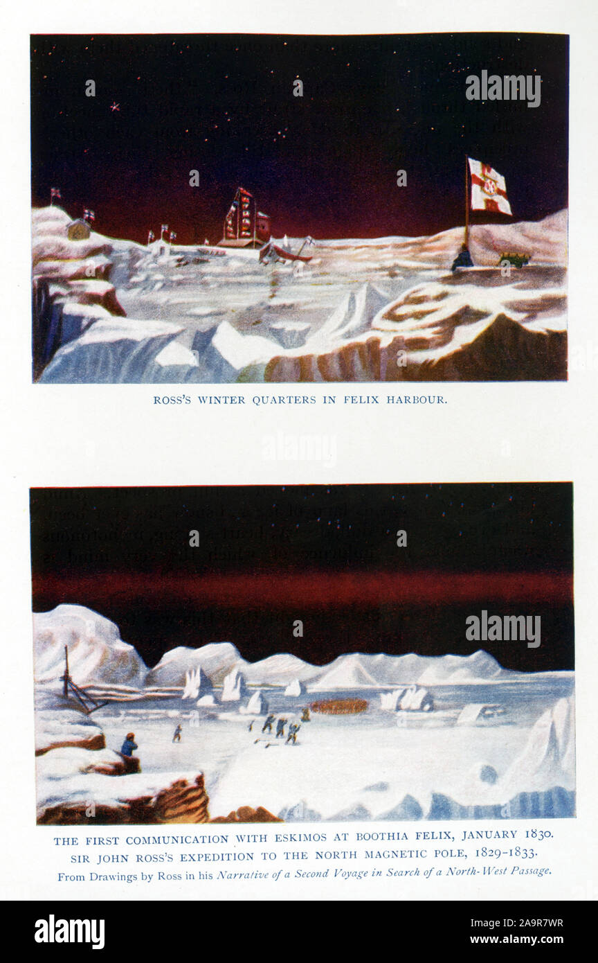 Questa illustrazione risale al 1912. John Ross la nave di Vittoria, con tutte le bandiere, intrappolate nel ghiaccio Artico nel porto di Felix, il giorno di Natale 1829. "La brillantezza di Venere [in alto a sinistra dell'immagine] è stato uno spettacolo che naturalmente è stato contemplato come in armonia con il resto della giornata." John Ross e il nipote James Clark Ross subito quattro inverni rigidi intrappolati nell'Artico ghiaccio su una spedizione per trovare il fantomatico passaggio a Nord Ovest. Il loro primo inverno era trascorso a Felix porto sulla punta orientale di Boothia Felix (ora noto come la penisola di Boothia). John Ross è stato nominato cavaliere nel 1834 dopo il suo ritorno a Foto Stock