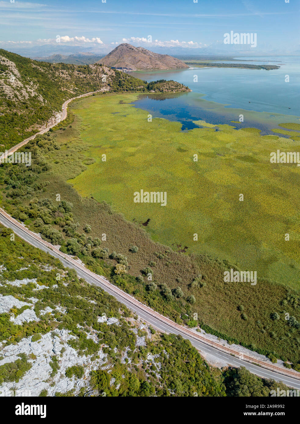 Vista aerea del Lago di Scutari o Lago di Scutari, Montenegro. Circondato dal parco nazionale da una natura incontaminata e la fauna selvatica, colline e montagne Foto Stock