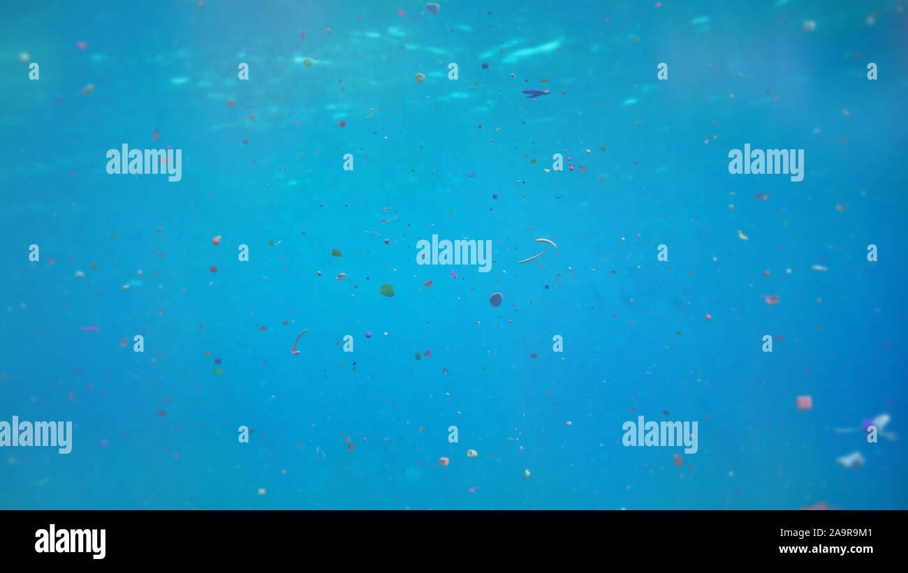 Pezzi nurdle e micro particelle di plastica in acqua di mare Foto Stock
