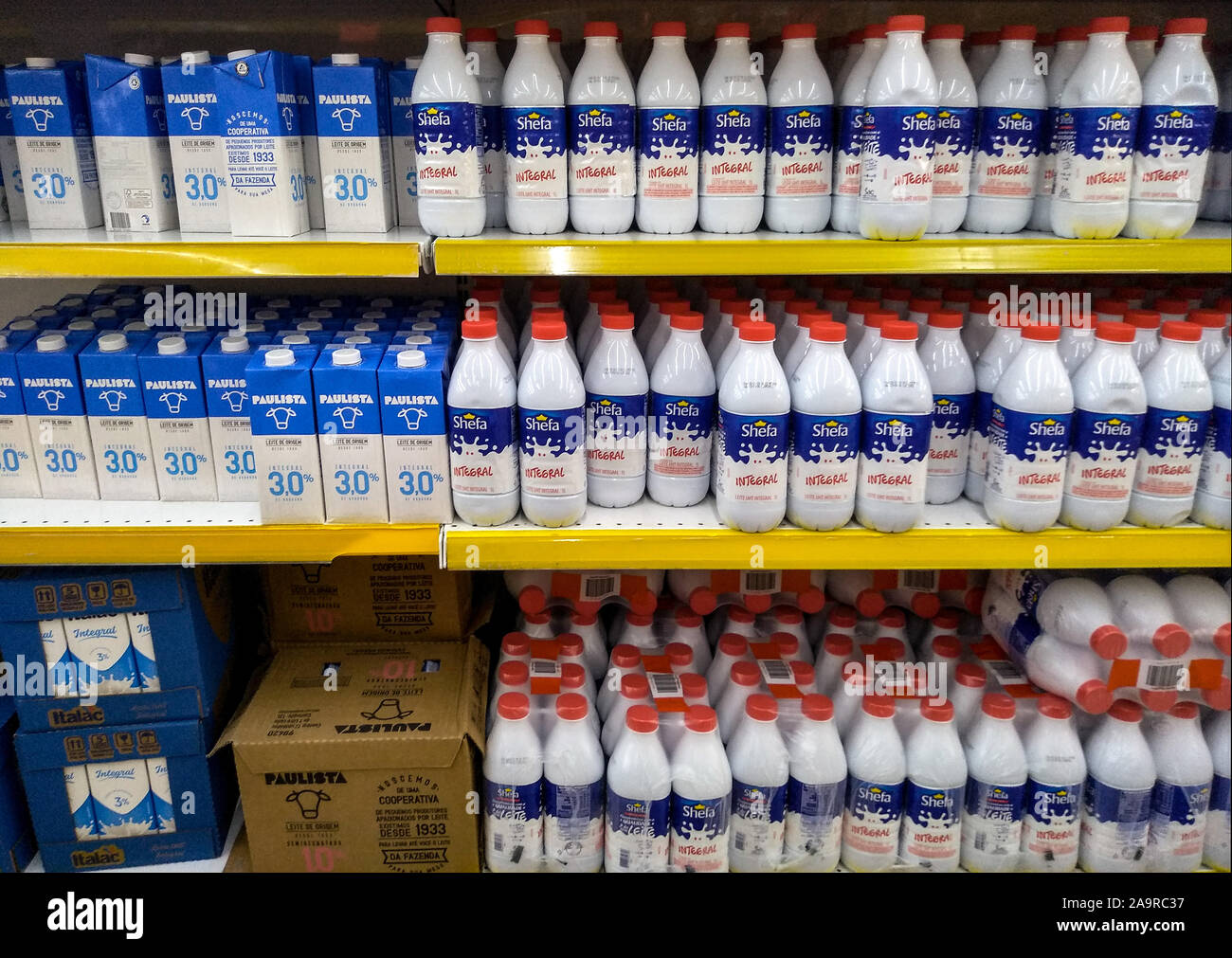 São Paulo, SP / Brasile - 16 Novembre 2019: molte diverse marche di latte in scaffali del supermercato con i cartellini dei prezzi Foto Stock