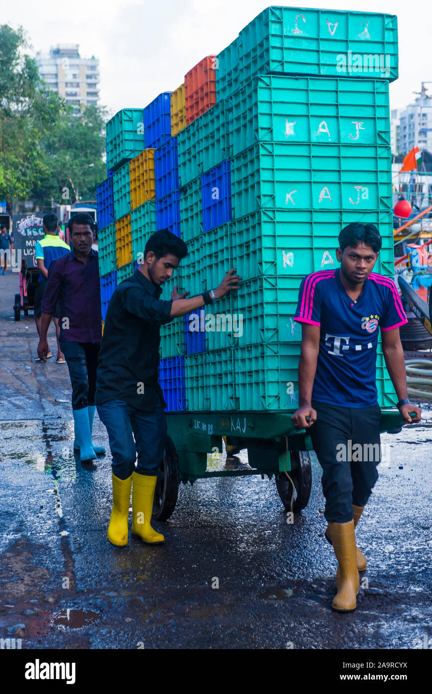 Persone indiane che lavorano a Sassoon Docks a Mumbai India Foto Stock