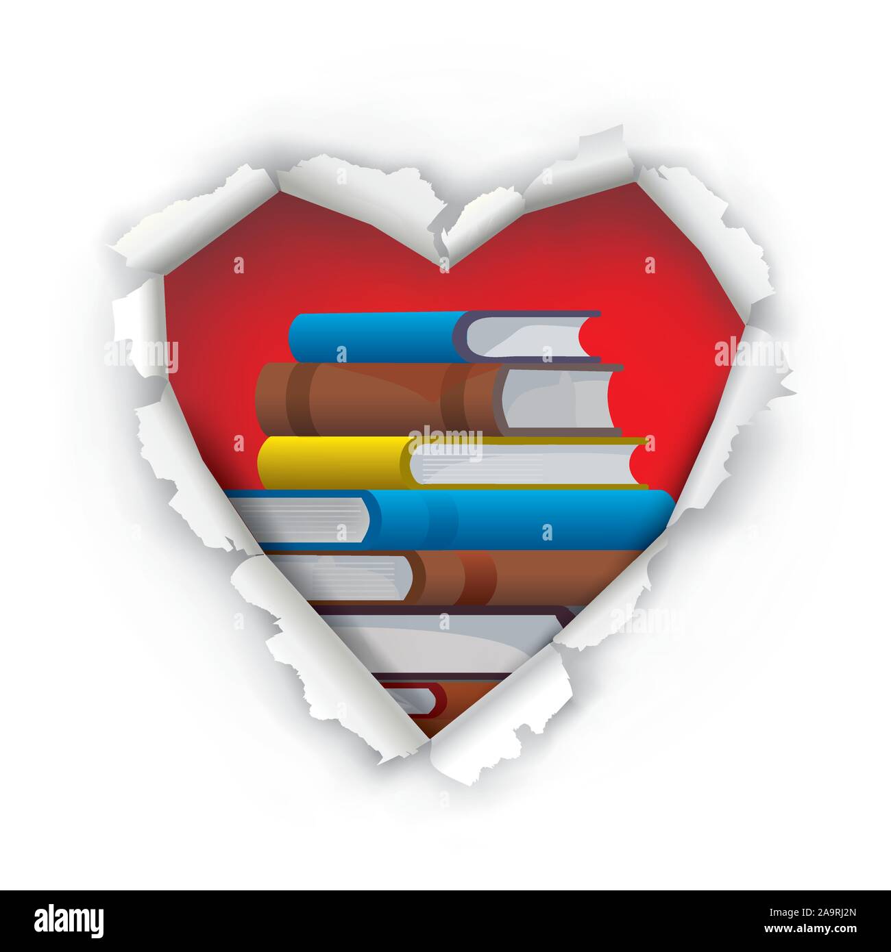 Noi amiamo i libri, segno del concetto. Carta strappata cuore rosso con i libri. Isolato su sfondo bianco. Vettore disponibile. Illustrazione Vettoriale