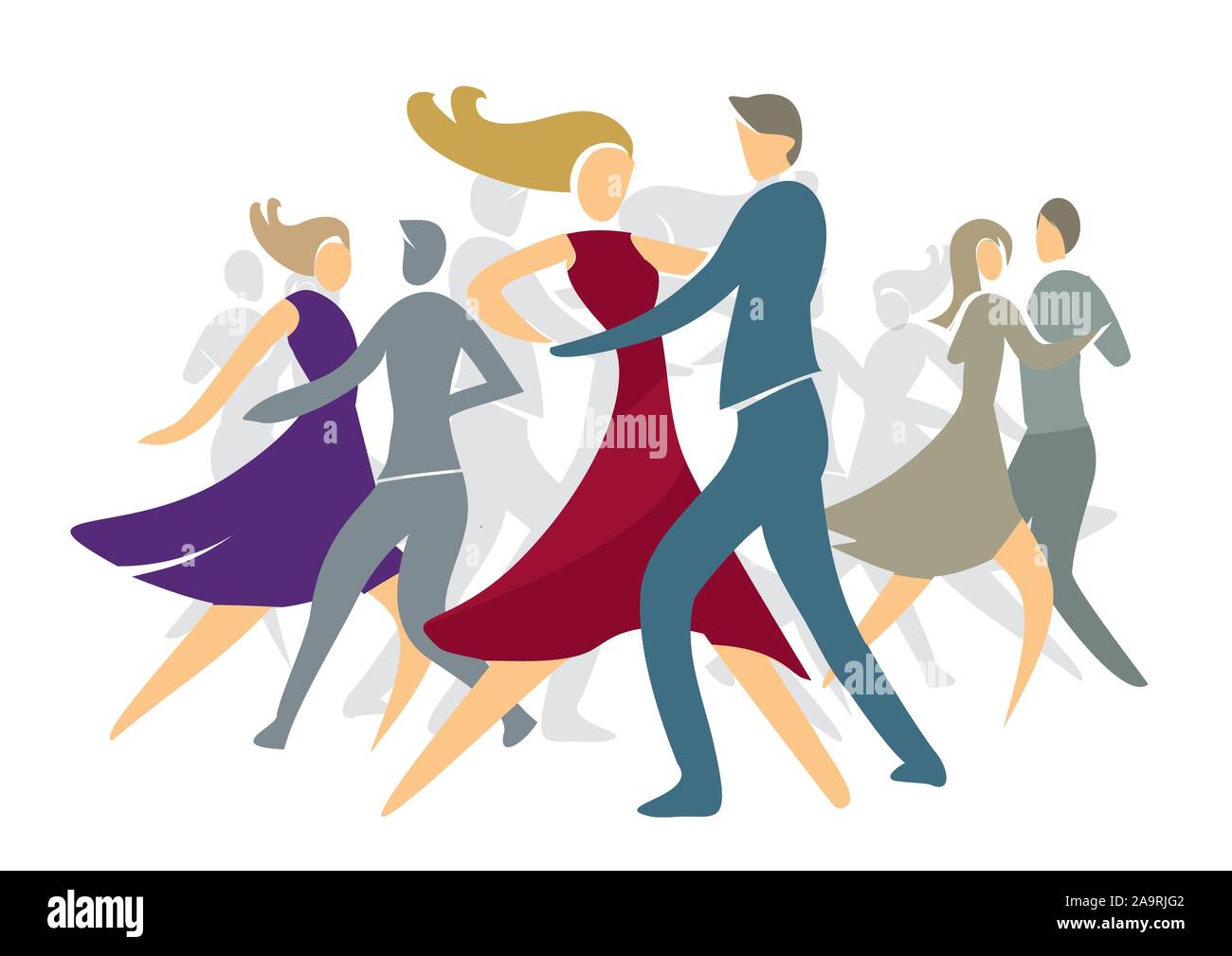 Ballo coppie. Illustrazione colorata con coppie danzanti.isolati su sfondo bianco. Vettore disponibile. Illustrazione Vettoriale