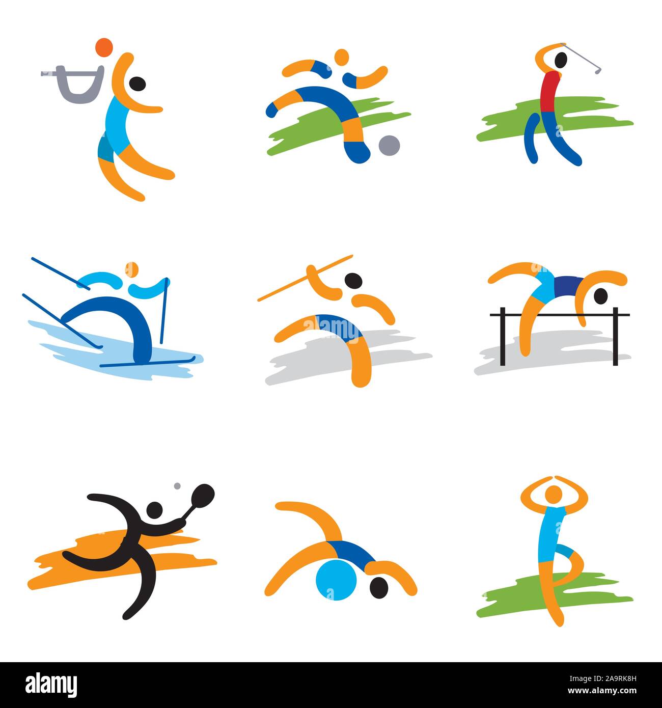 Set di sport icone espressiva. Illustrazione colorata con nove sport icone espressiva. Isolato su sfondo bianco. Vettore disponibile. Illustrazione Vettoriale