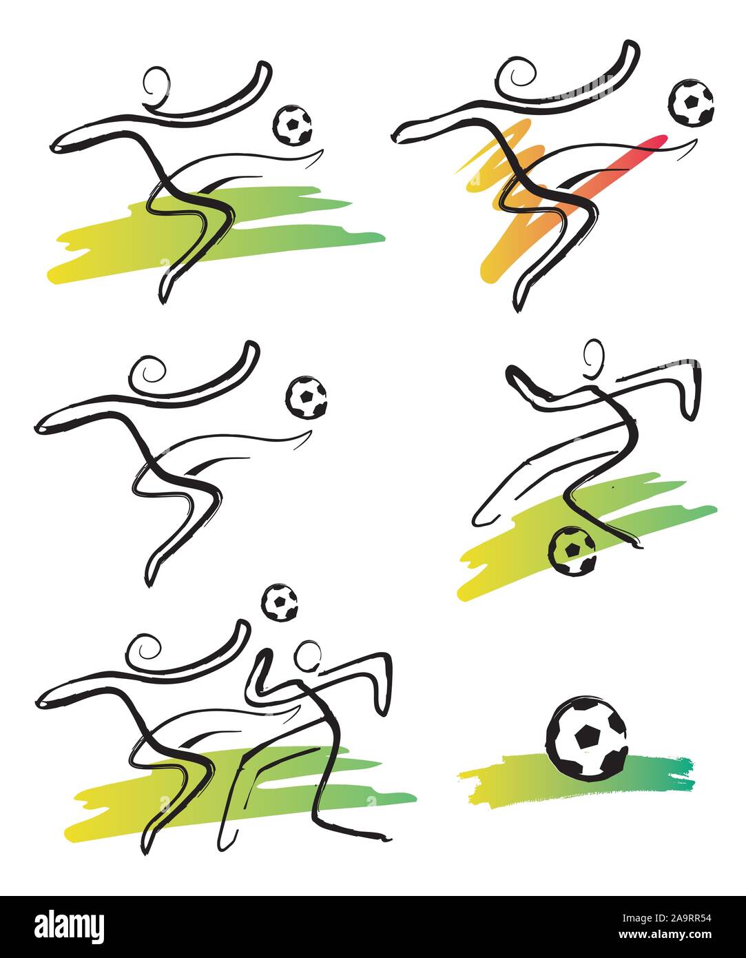 I giocatori di calcio icone. Set di icone espressiva con il calcio calcio di un pallone.imitazione del disegno a inchiostro. Isolato su sfondo bianco. Vettore disponibile. Illustrazione Vettoriale