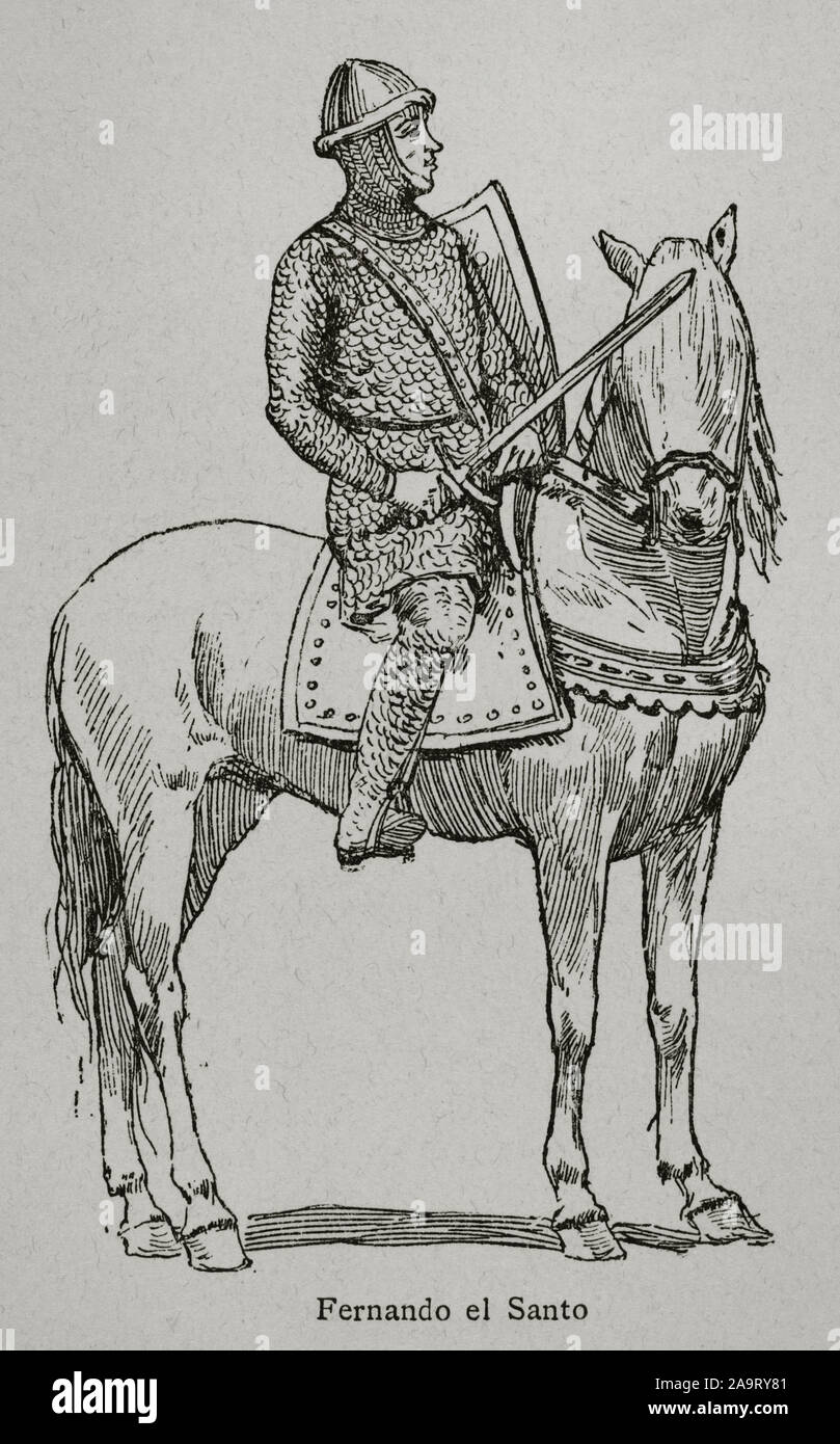 Ferdinando III di Castiglia (1199/1201-1252), chiamato il Santo. Re di Castiglia (dal 1217), Re di Leon un re della Galizia. Museo Militar, 1883.(dal 1230) e il re della Galizia (dal 1231). Incisione. Museo Militar, 1883. Foto Stock