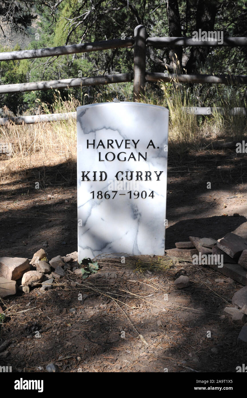 Lapidi in Linwood (aka Pioneer) Cimitero sul versante di una collina affacciato Glenwood Springs per commemorare i fuorilegge Kid Curry, nome reale Harvet Logan. Foto Stock