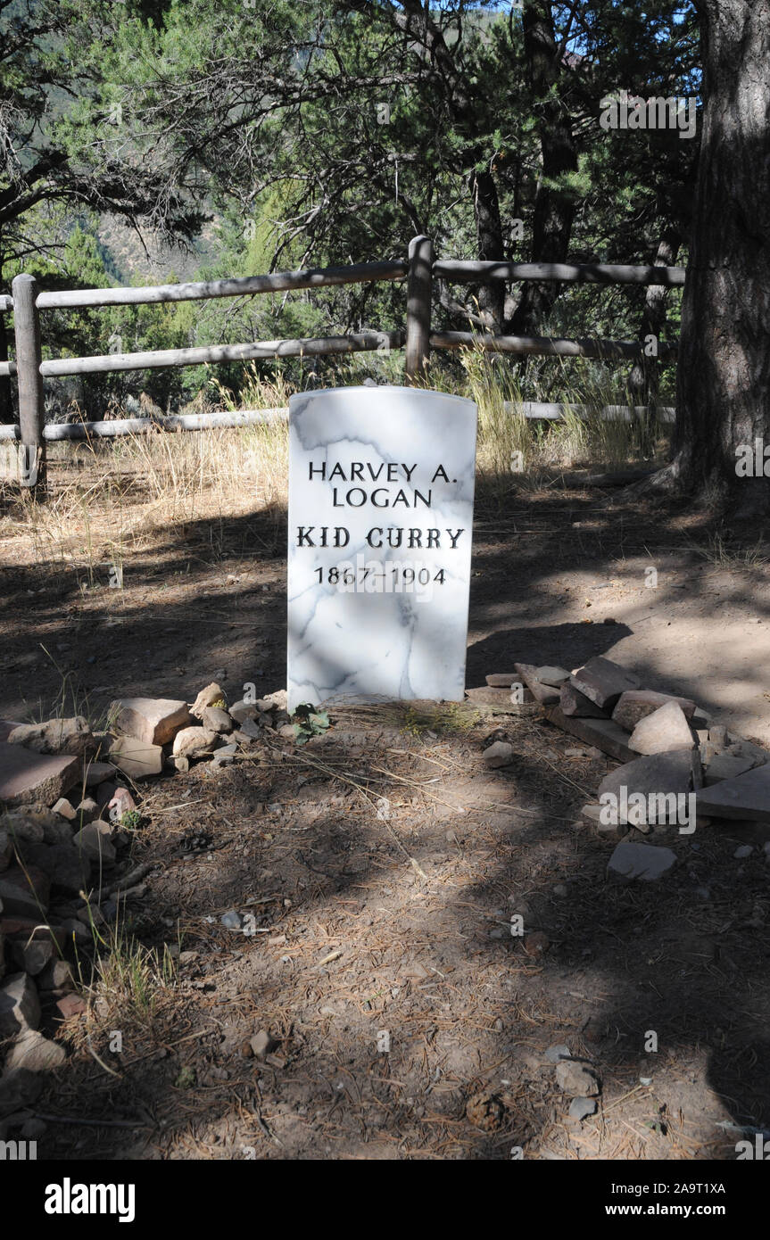 Lapidi in Linwood (aka Pioneer) Cimitero sul versante di una collina affacciato Glenwood Springs per commemorare i fuorilegge Kid Curry, nome reale Harvet Logan. Foto Stock