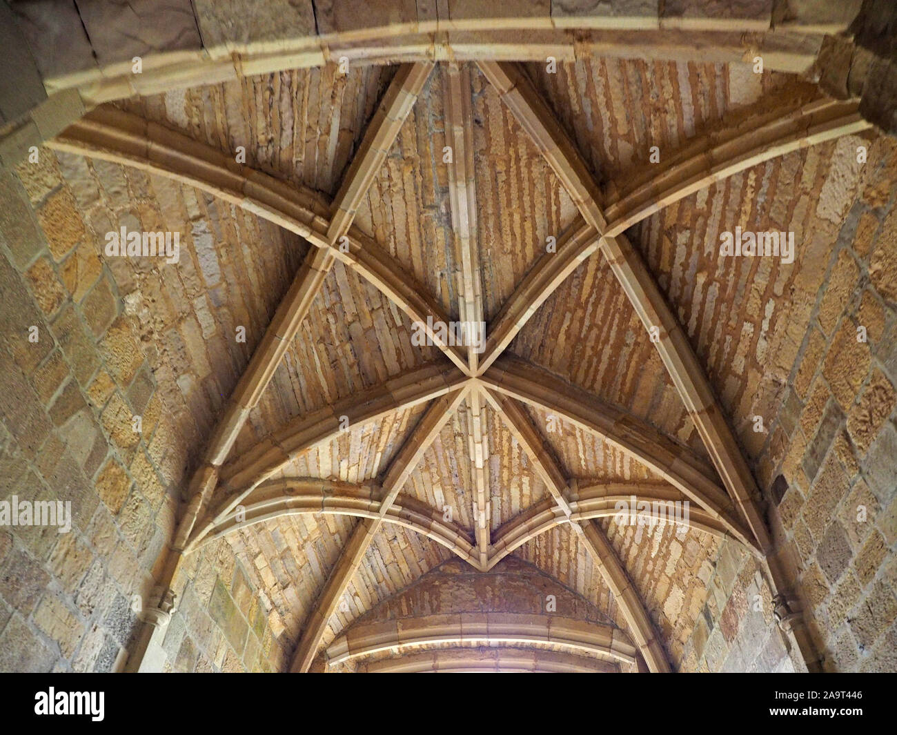Elaborato con soffitto a volta nervata soffitto in pietra nel castello medievale in Inghilterra, Regno Unito Foto Stock