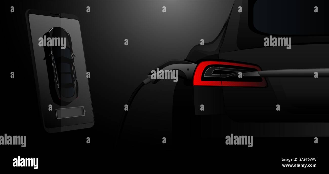 Telefono cellulare su uno sfondo di ricarica auto elettrica nel buio. Sulla schermata del dispositivo indicatore della riserva di potenza. Illustrazione Vettoriale Illustrazione Vettoriale