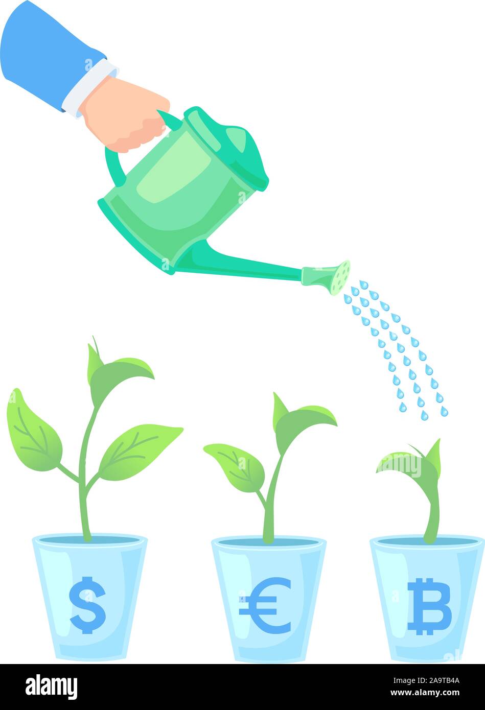 Il successo aziendale - il simbolo Mano con irrigazione può per le piante in vaso. Scelta tra valute dollar, euro bitcoin. Gli investimenti finanziari concetto, cambio valuta idea. Cassa di Risparmio di denaro illustrazione vettoriale Illustrazione Vettoriale