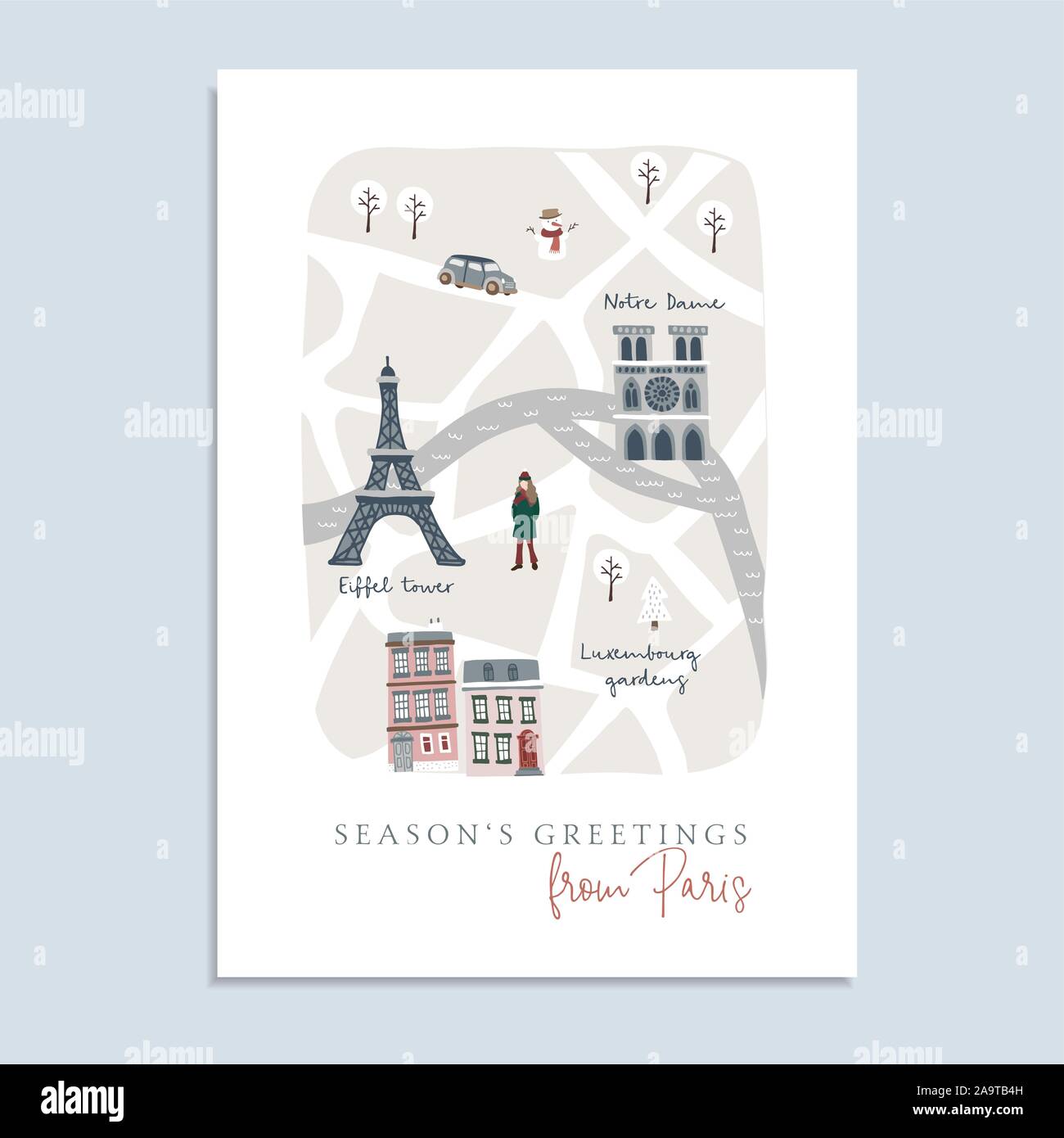 Carino il Natale biglietto di auguri, invito con mappa di Parigi. Disegnato a mano le strade francesi, case, Notre Dam cattedrale e la torre Eiffel. Progettazione di inverno Illustrazione Vettoriale