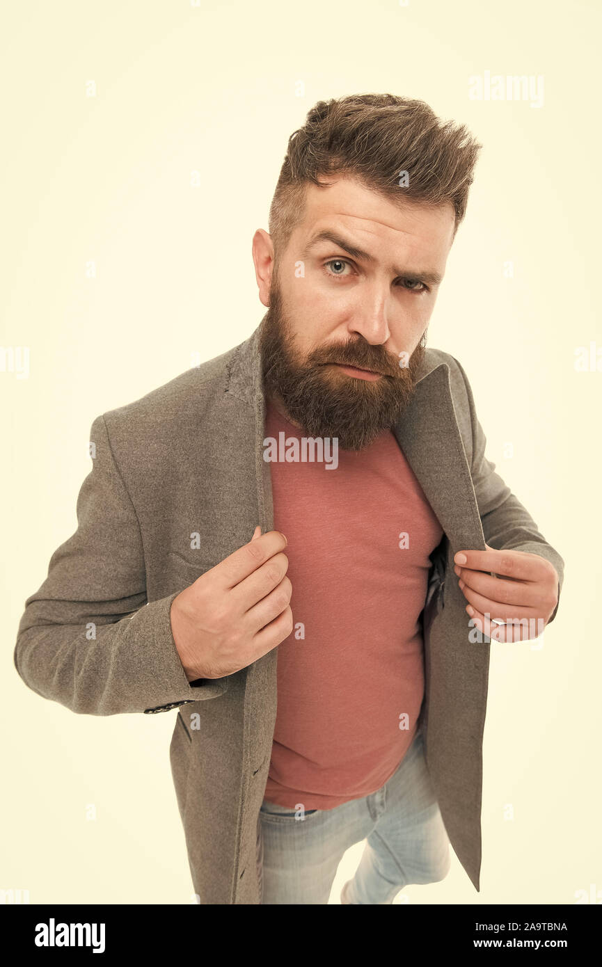 Elegante Abito casual. Barbuto hipster Elegante giacca alla moda. L'uomo  indossare giacca casual. La consultazione di uno stilista. Guardaroba  maschile. Abito moderno. Io preferisco uno stile informale. Abbigliamento  uomo e fashion concept