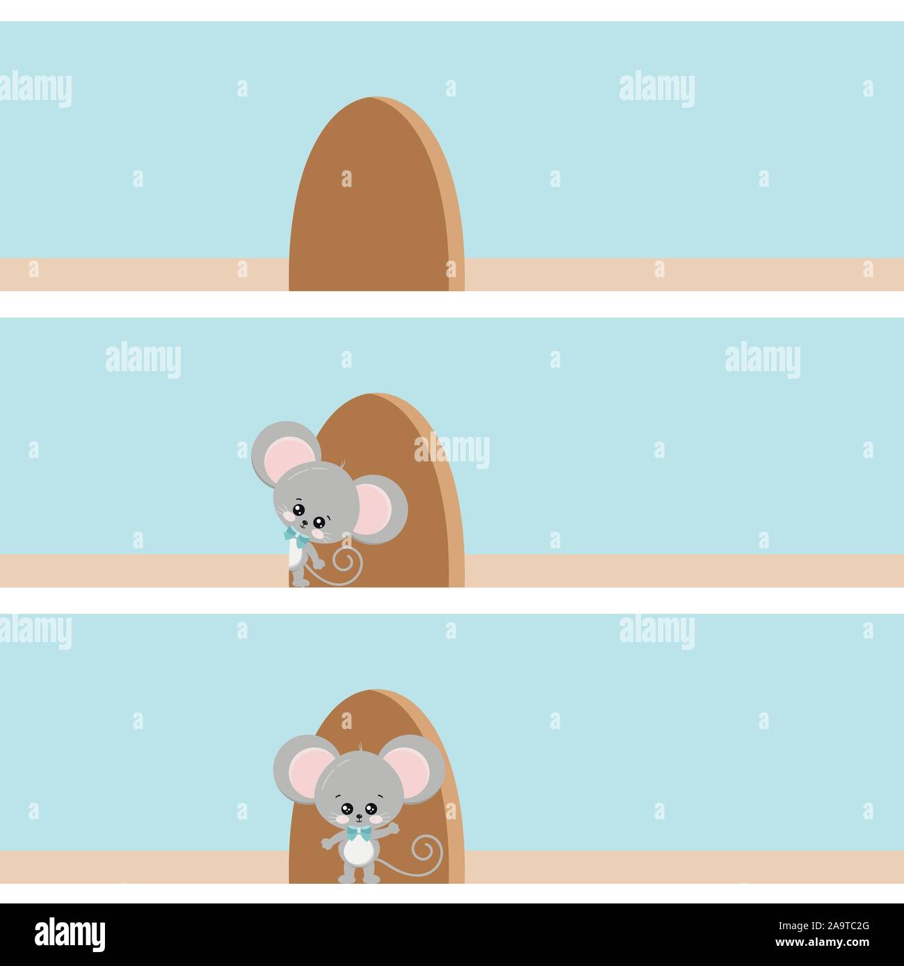 Carino il mouse guardando fuori del foro nella parete, in piedi nel vano della porta di un foro. Illustrazione Vettoriale