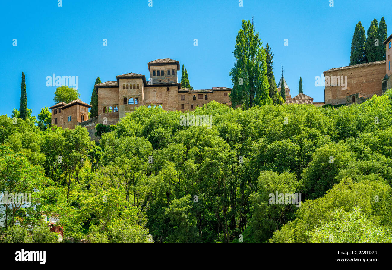 Vista panoramica del Palazzo dell'Alhambra di Granada. Andalusia, Spagna. Foto Stock
