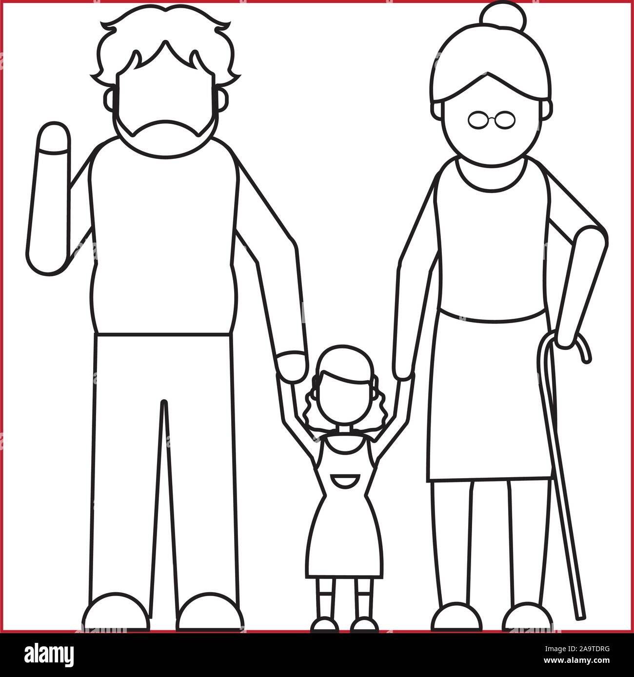 Nonni con il nipote membro della famiglia stile linea illustrazione vettoriale Illustrazione Vettoriale