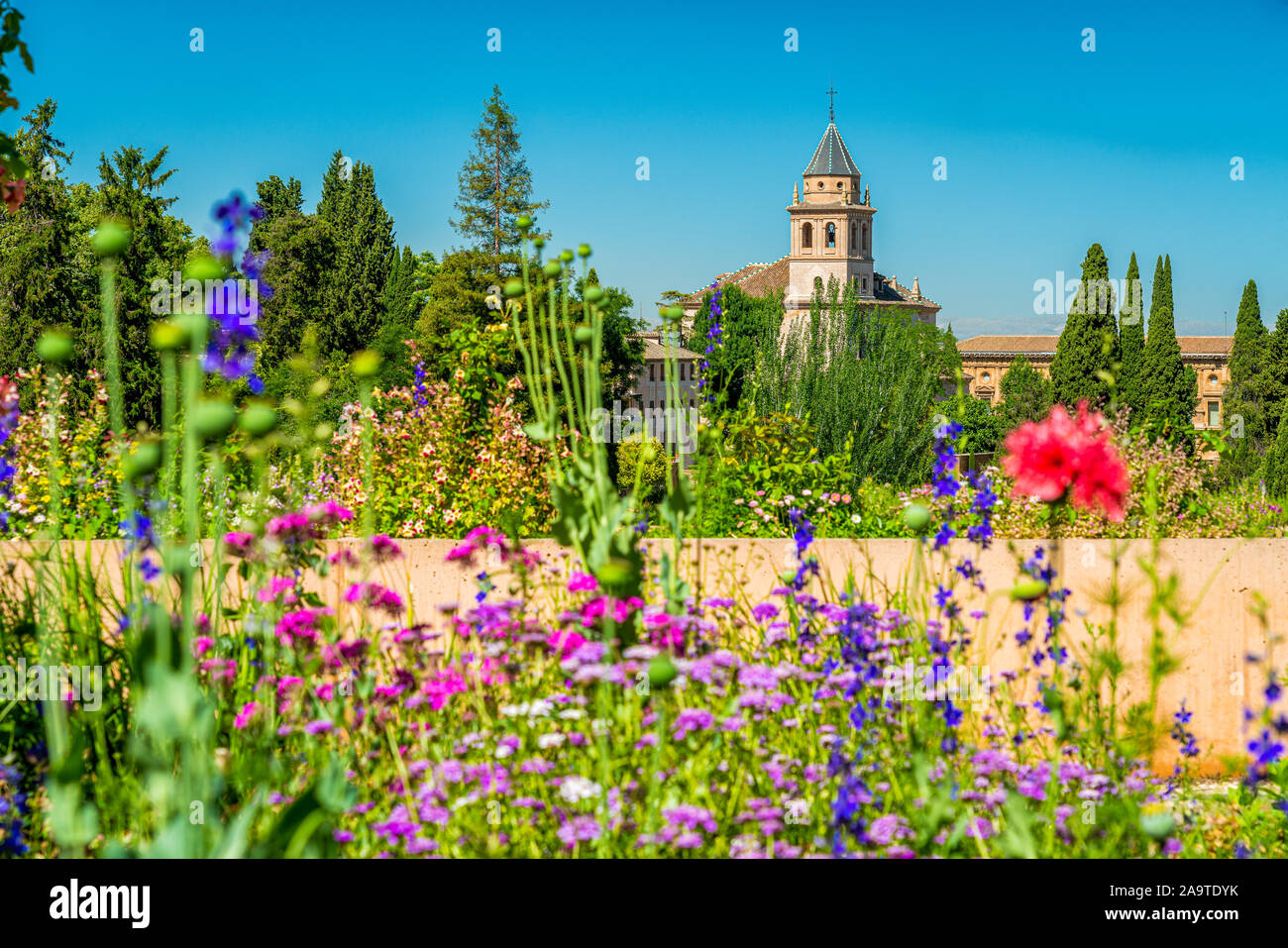 Vista floreale con il palazzo di Alhambra nel Generalife a Granada. Andalusia, Spagna. Foto Stock