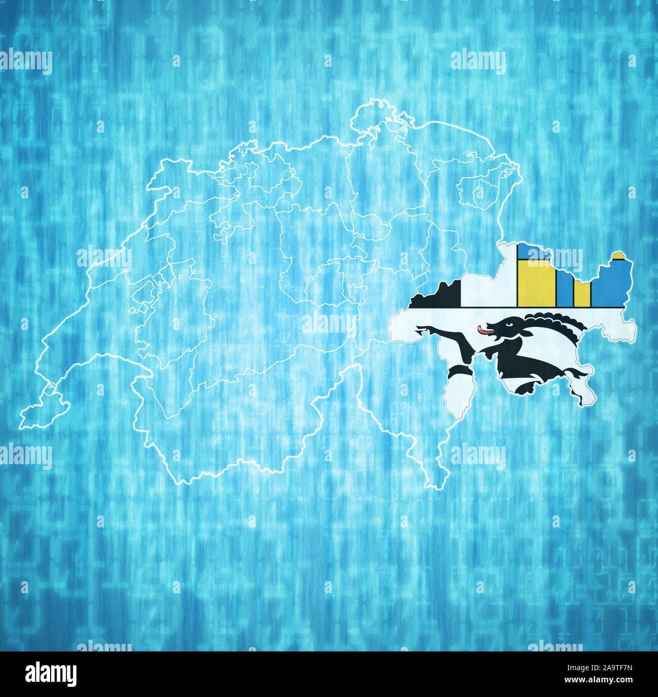 Bandiera e territorio del cantone dei Grigioni sulla mappa di divisioni amministrative della Svizzera Foto Stock