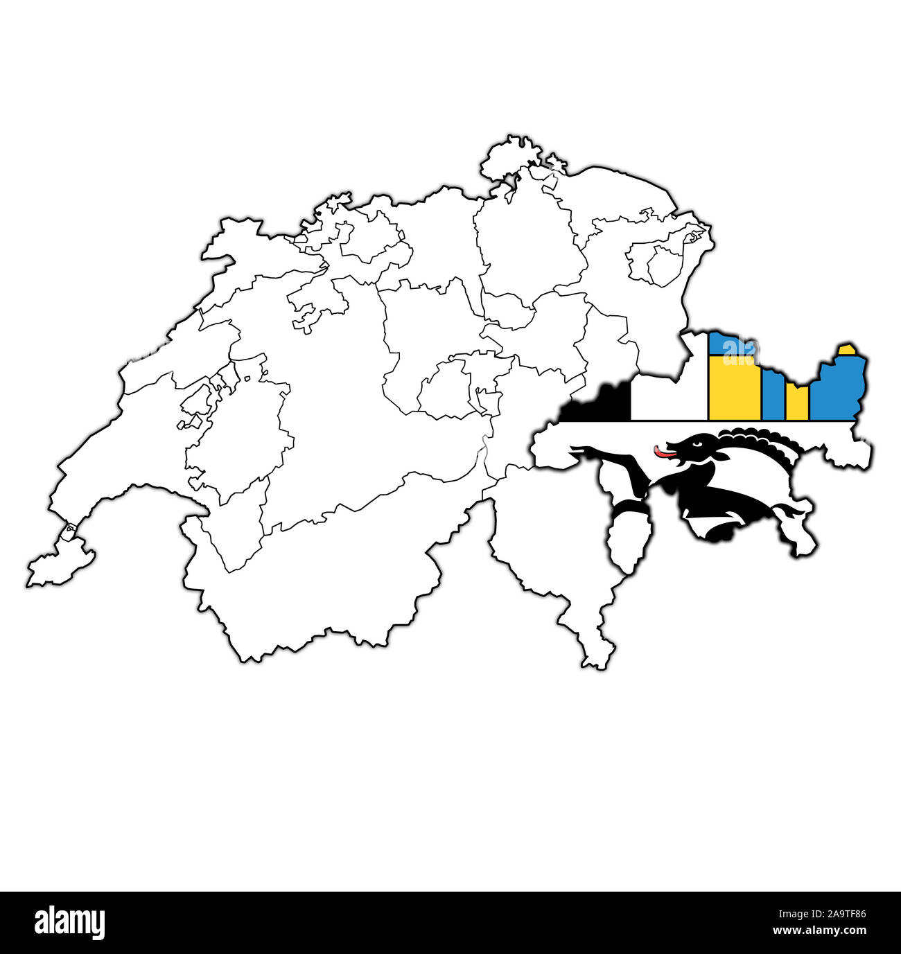 Bandiera e territorio del cantone dei Grigioni sulla mappa di divisioni amministrative della Svizzera Foto Stock