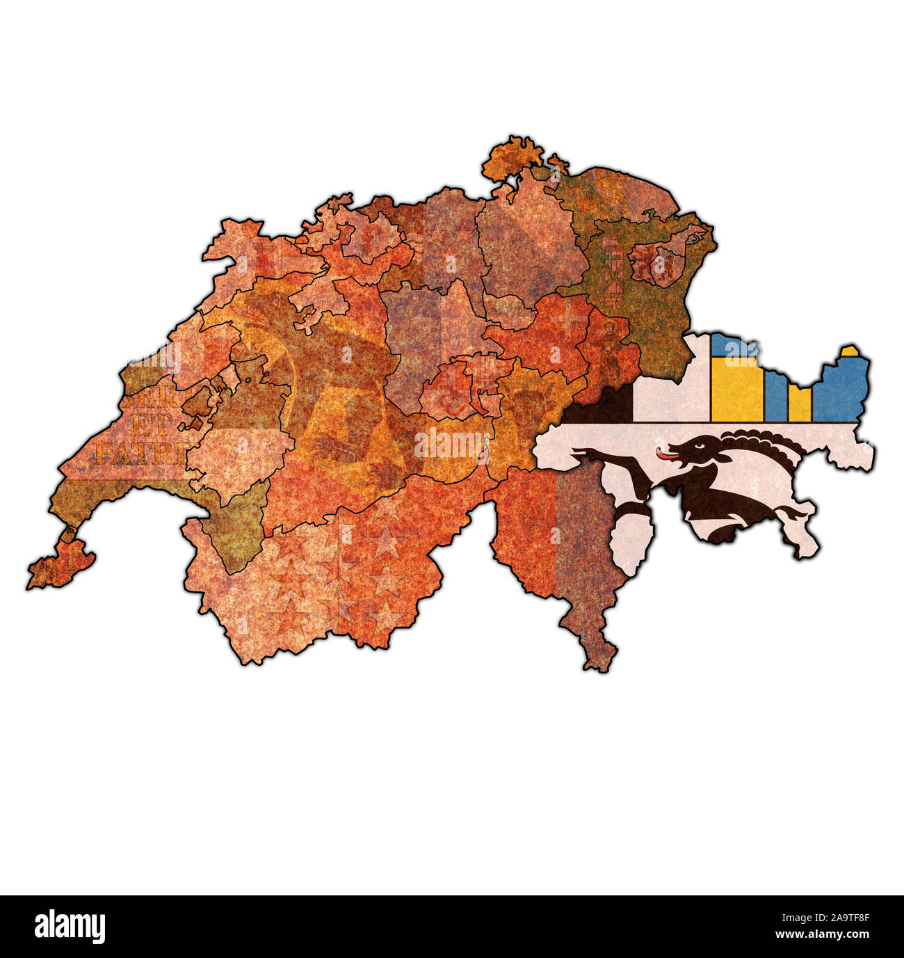 Bandiera e territorio del cantone dei Grigioni sulla mappa di divisioni amministrative della Svizzera Foto Stock