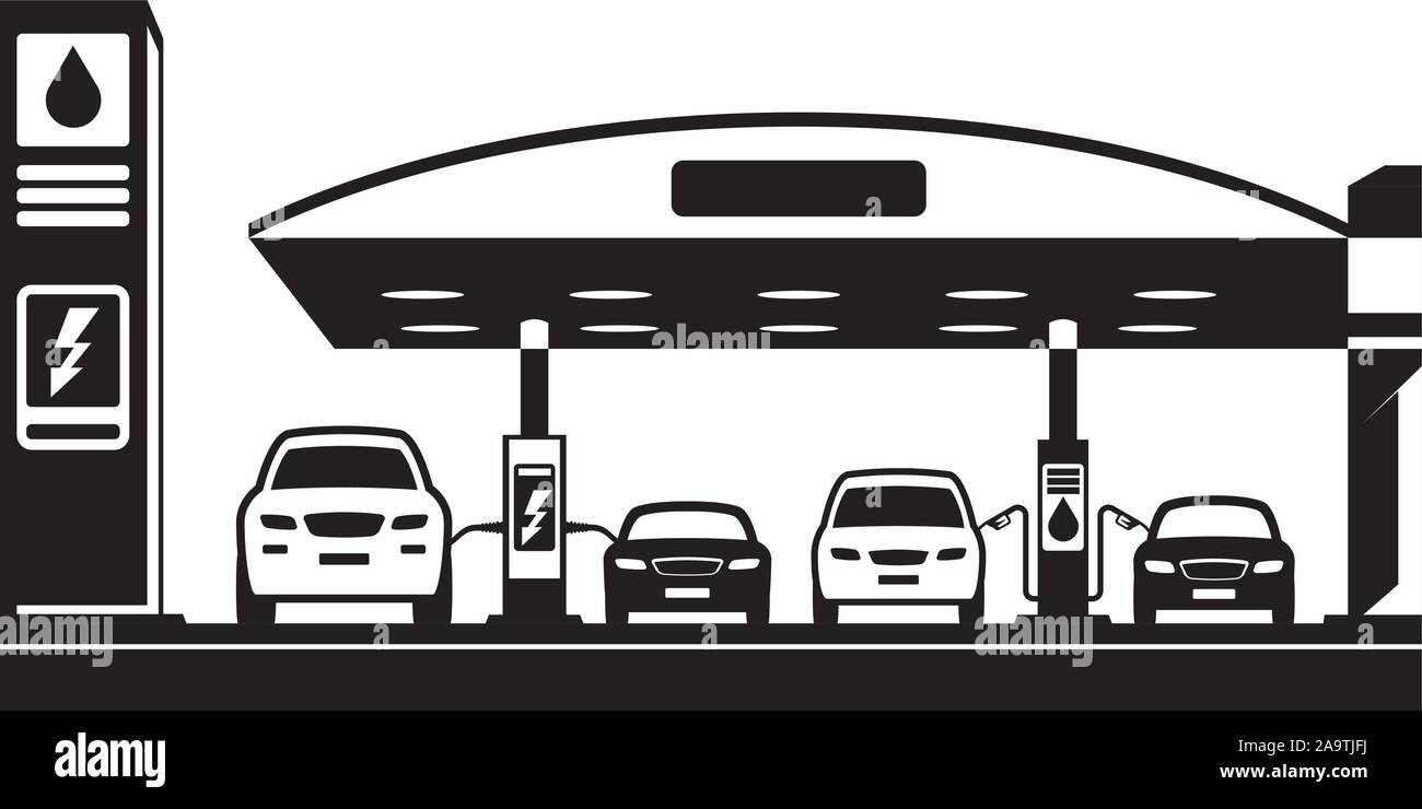 Vetture a carica e la stazione di benzina - illustrazione vettoriale Illustrazione Vettoriale