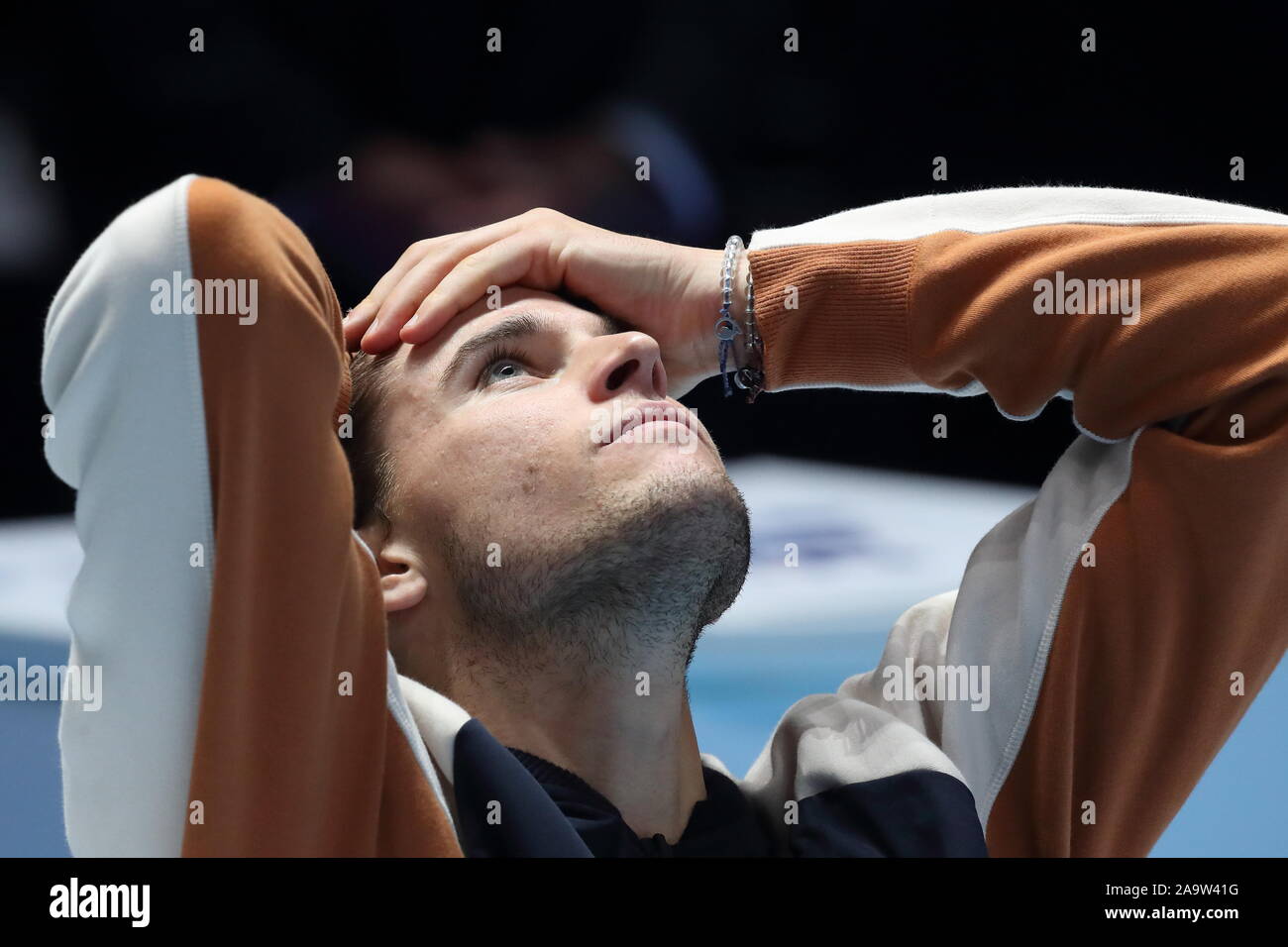 Londra, Inghilterra - 17 novembre: Thiem della Svizzera reagisce dopo la sua sconfitta da Stefanos Tsitsipas nel finale di ATP World Tour Finals presso l'Arena O2 il 17 novembre 2019 a Londra, Inghilterra. Foto di Paul Cunningham Foto Stock